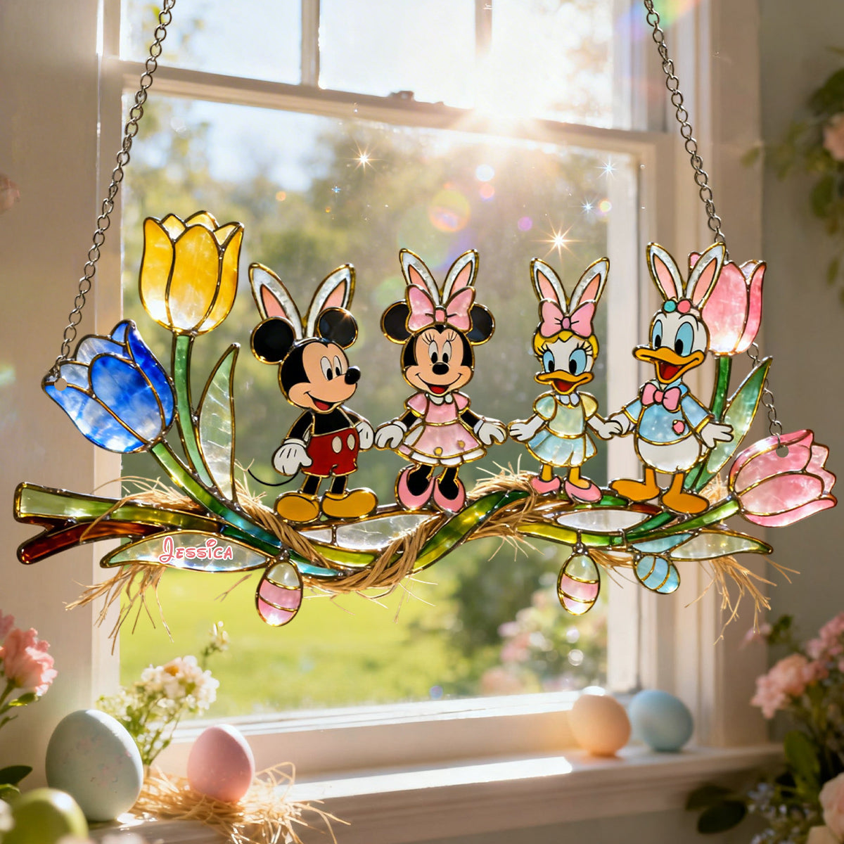 Easter's Day Magical Friends - Personalized Mouse Window Hanging Suncatcher Ornament