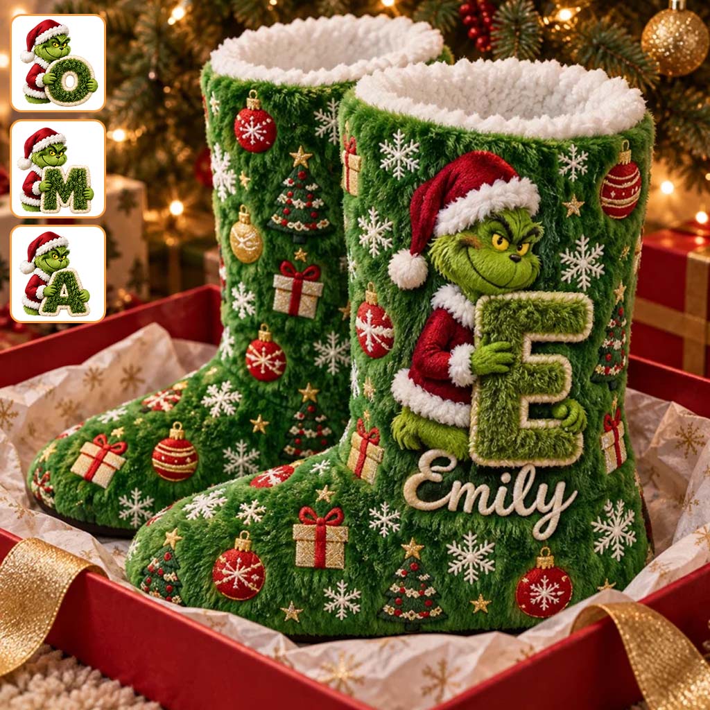 Merry Grinchmas Initial - Personalized Stole Christmas Faux Fur Boot Slippers