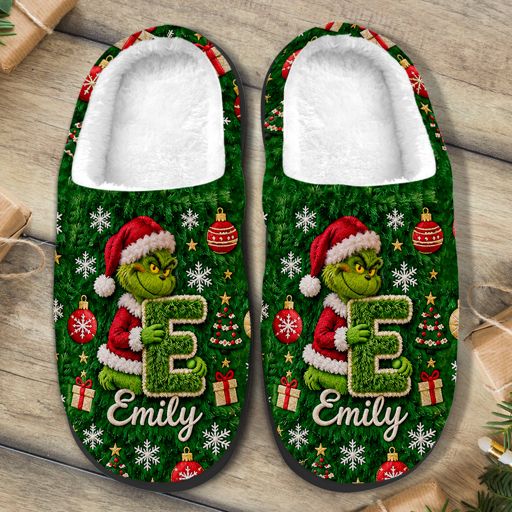 Merry Grinchmas Initial - Personalized Stole Christmas Faux Fur Boot Slippers