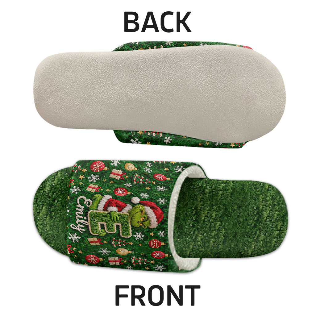 Merry Grinchmas Initial - Personalized Stole Christmas Faux Fur Boot Slippers