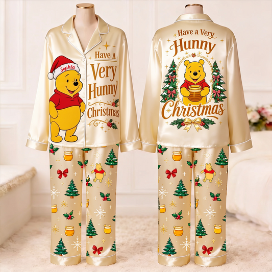 Have A Very Hunny Christmas - Personalized Yellow Bear Button Down Pajamas