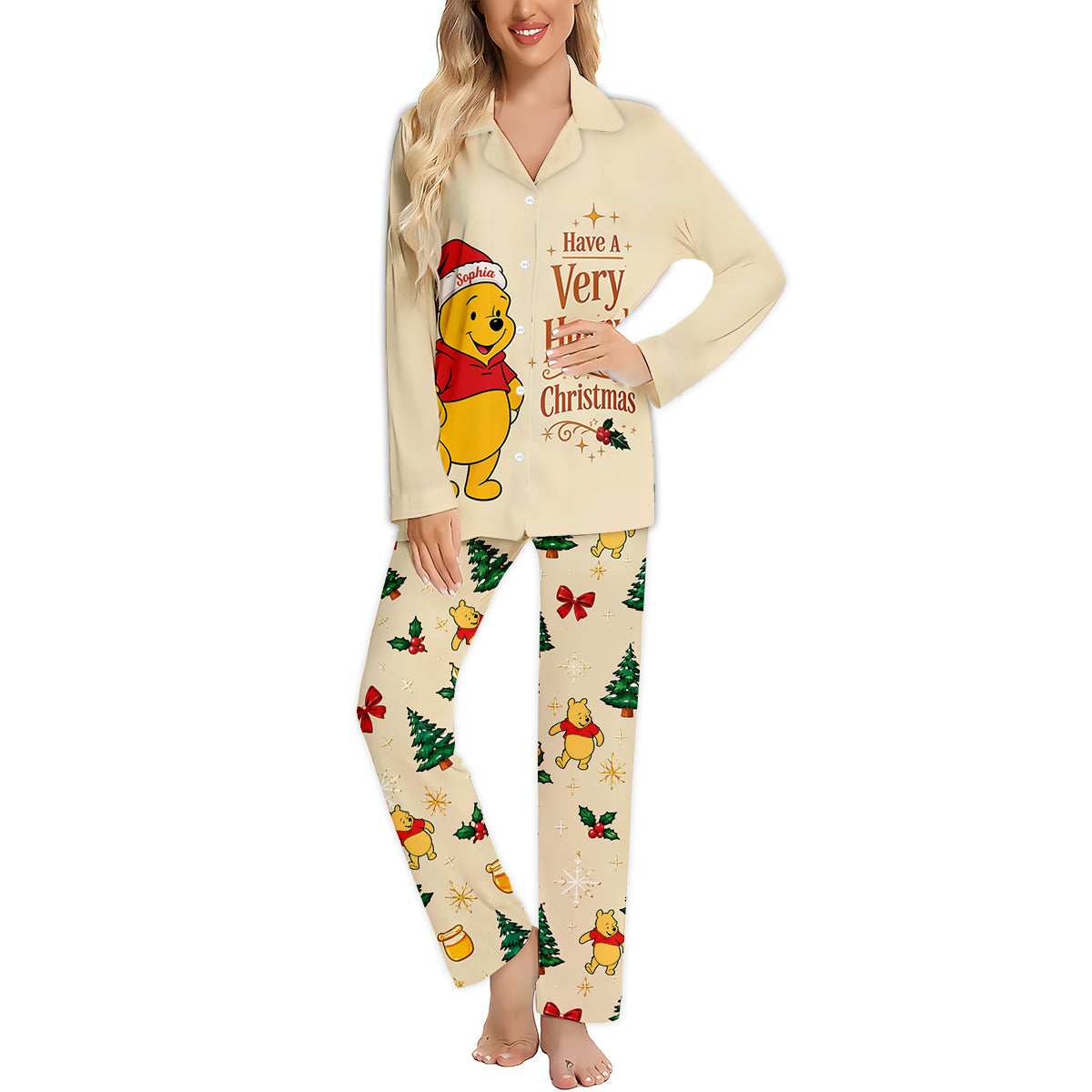 Have A Very Hunny Christmas - Personalized Yellow Bear Button Down Pajamas
