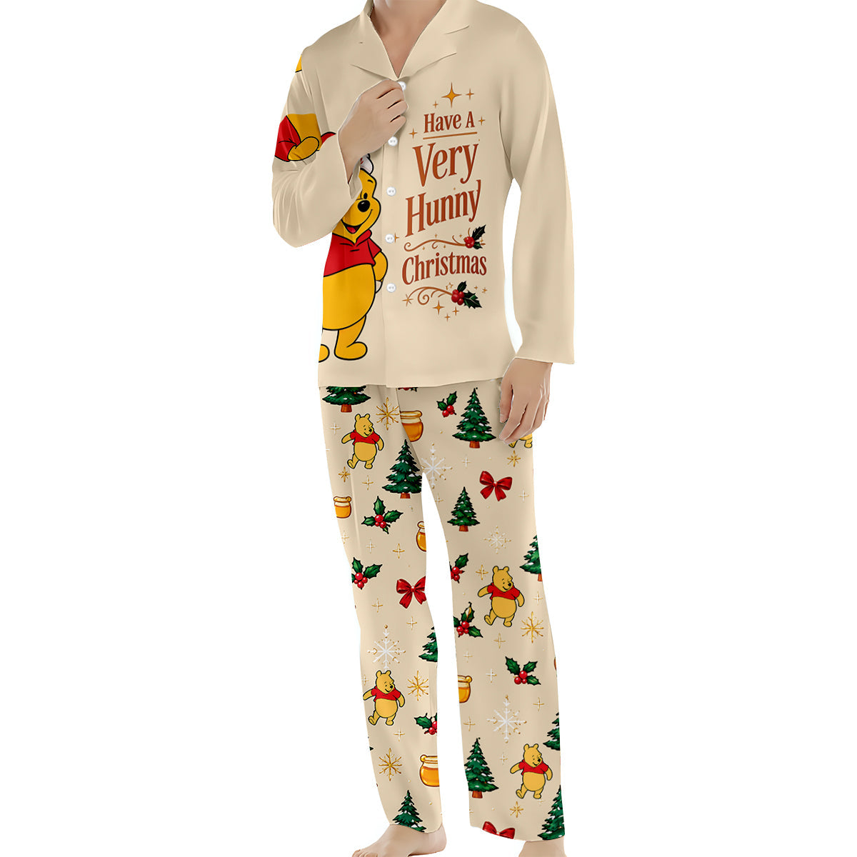 Have A Very Hunny Christmas - Personalized Yellow Bear Button Down Pajamas