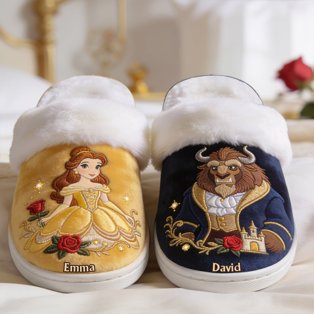 Fairy Tale Romantic - Personalized Beauty And The Beast Slippers With Fur Lining