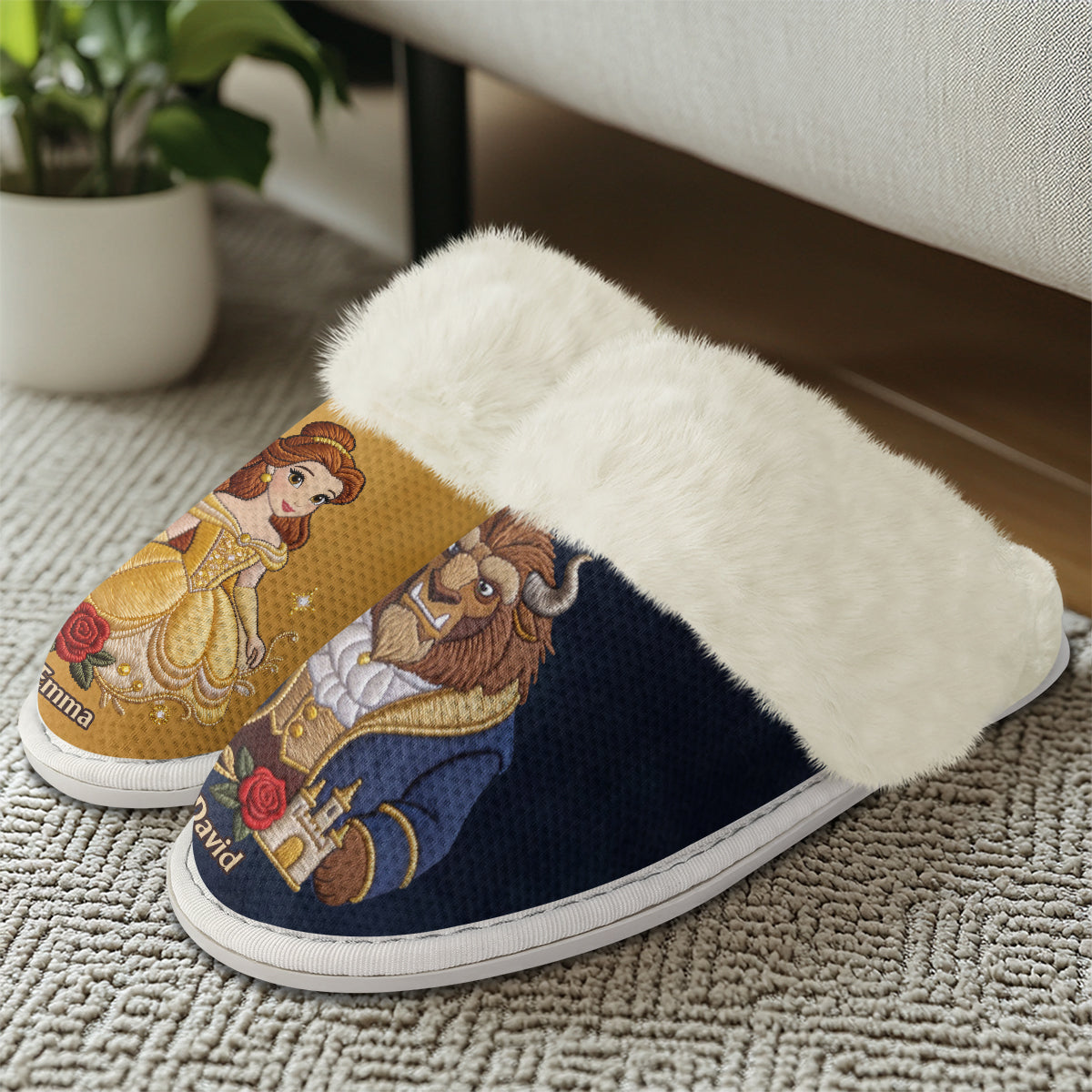 Fairy Tale Romantic - Personalized Beauty And The Beast Slippers With Fur Lining