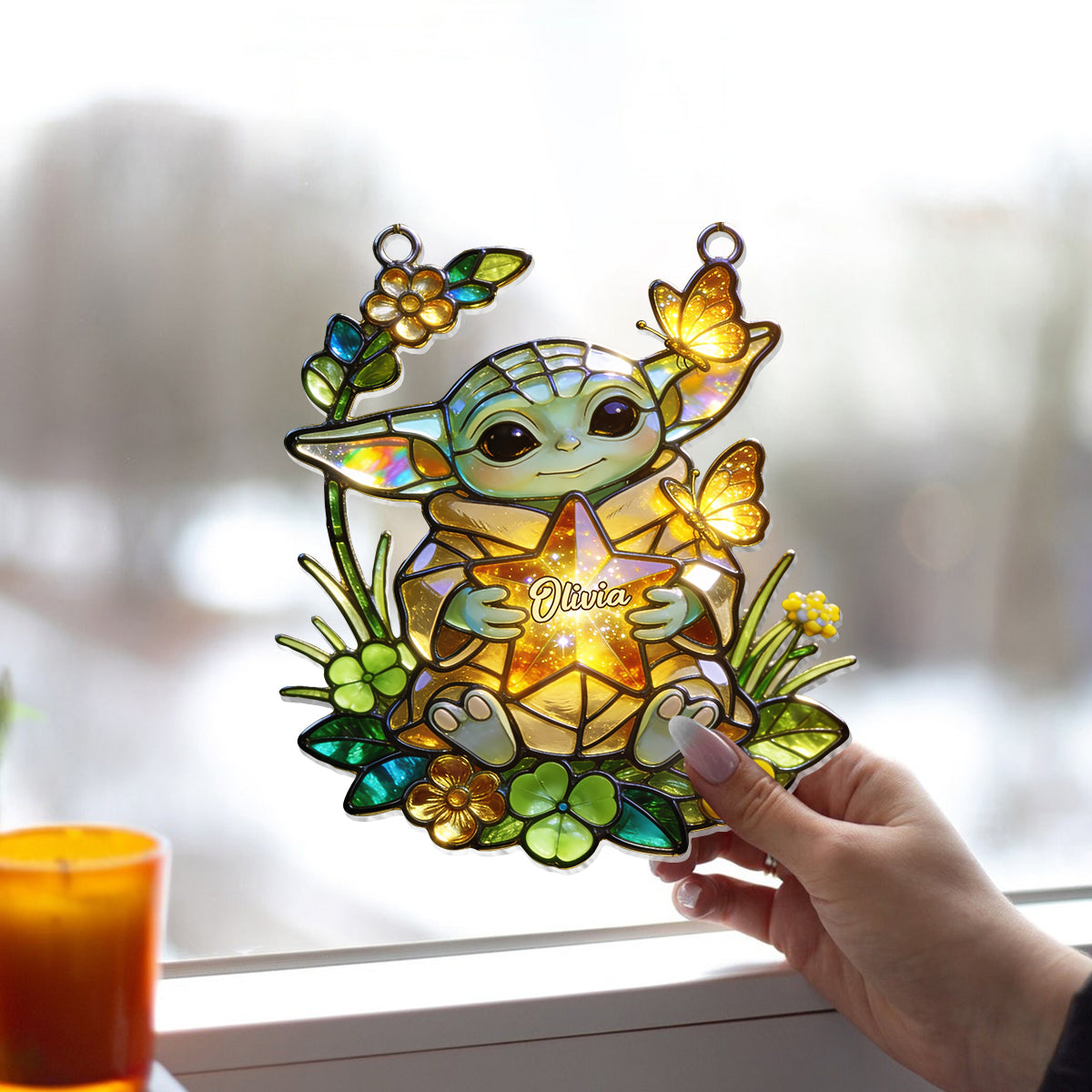 Cute Green Baby - Personalized The Force Window Hanging Suncatcher Ornament