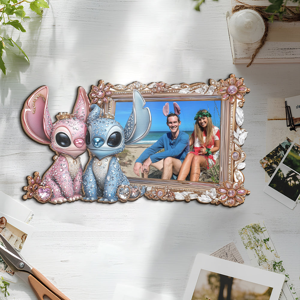 Ohana Monster Couple - Personalized Ohana Cut Shape Photo Frame