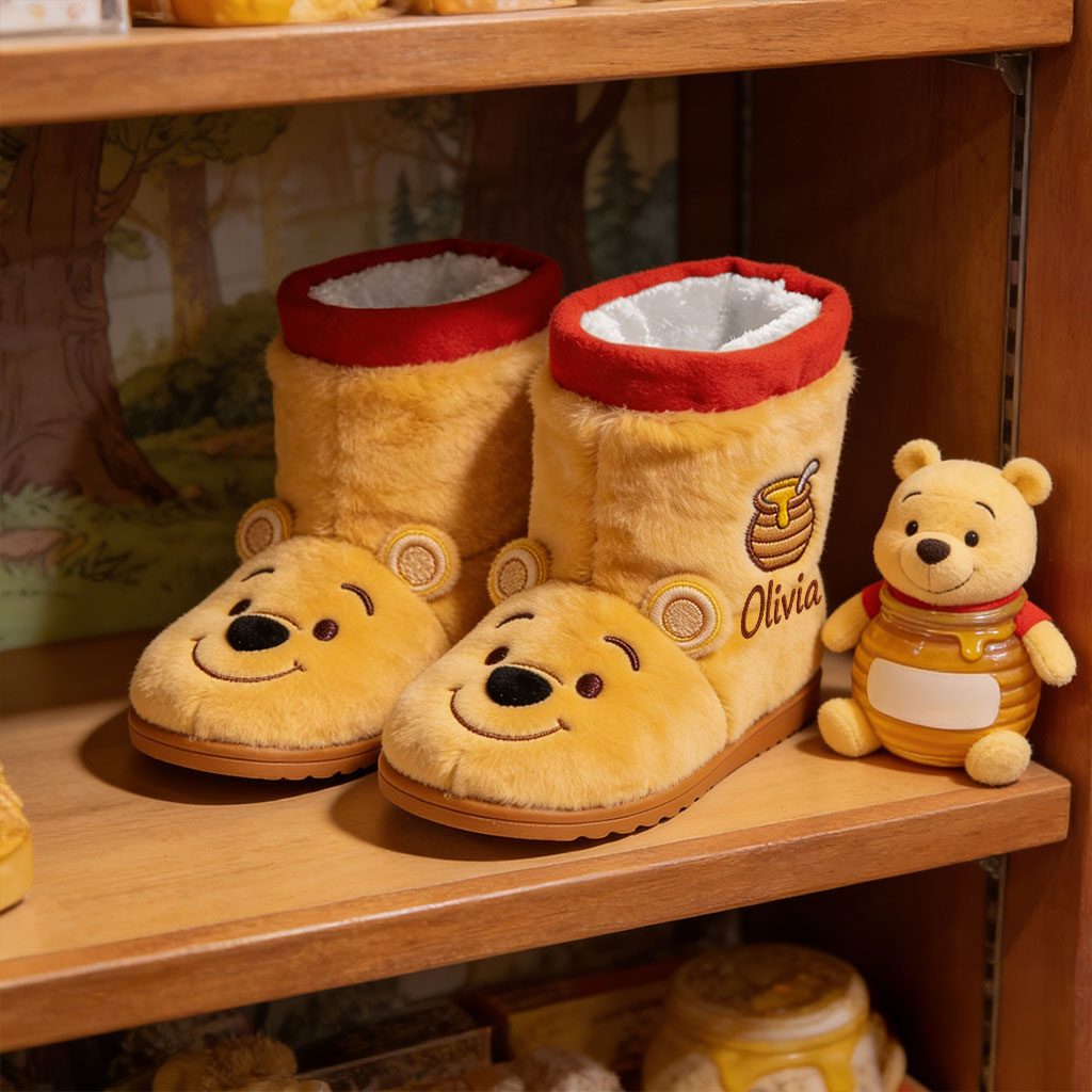 Hunny Friend - Personalized Yellow Bear Faux Fur Boot Slippers