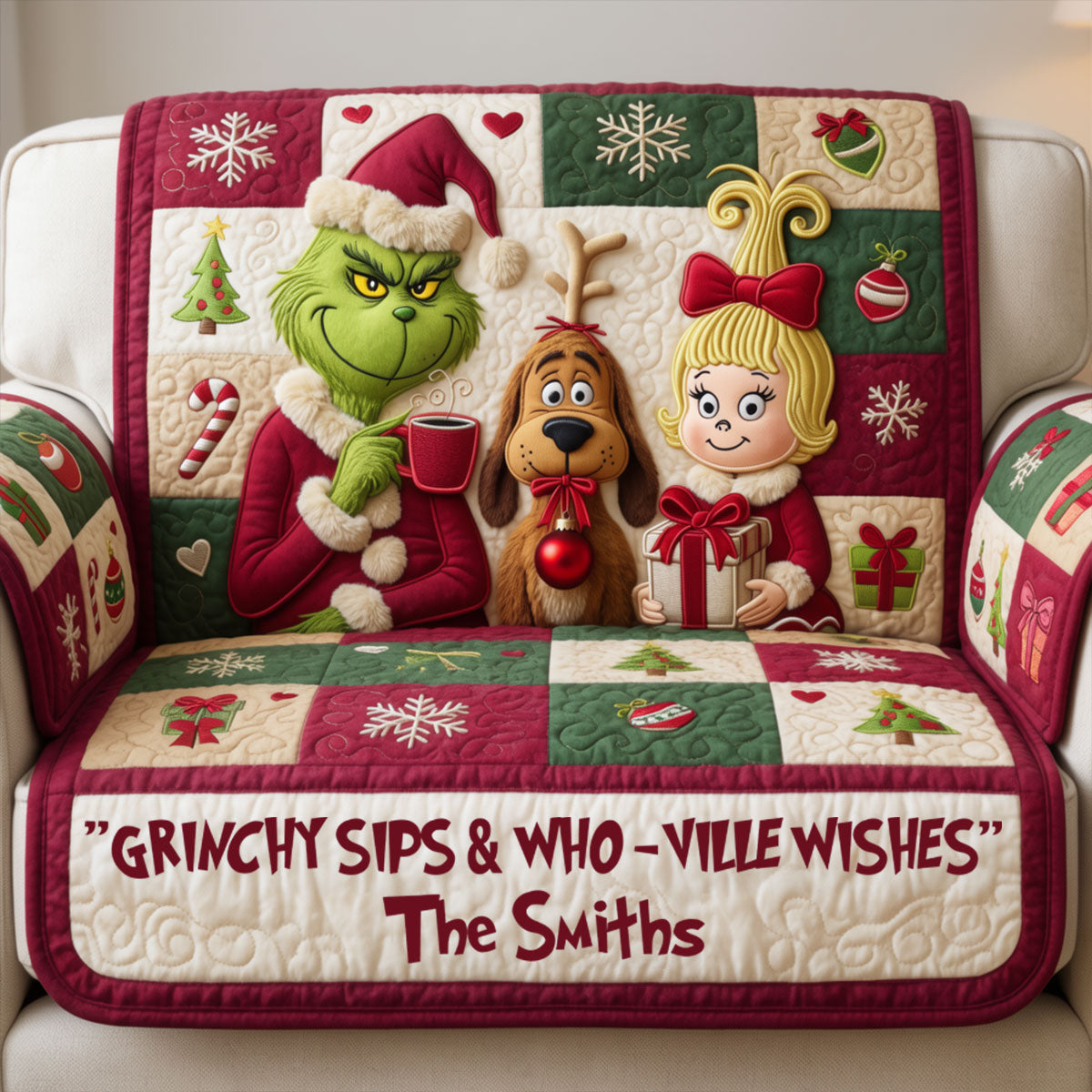 Merry Grinchmas - Personalized Stole Christmas Quilted Sofa/Couch Cover