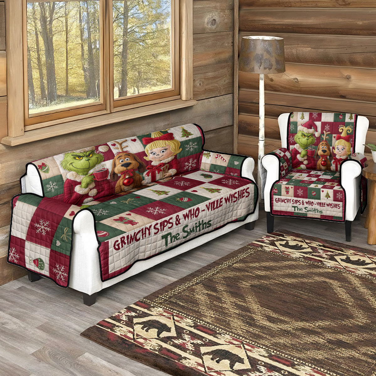 Merry Grinchmas - Personalized Stole Christmas Quilted Sofa/Couch Cover