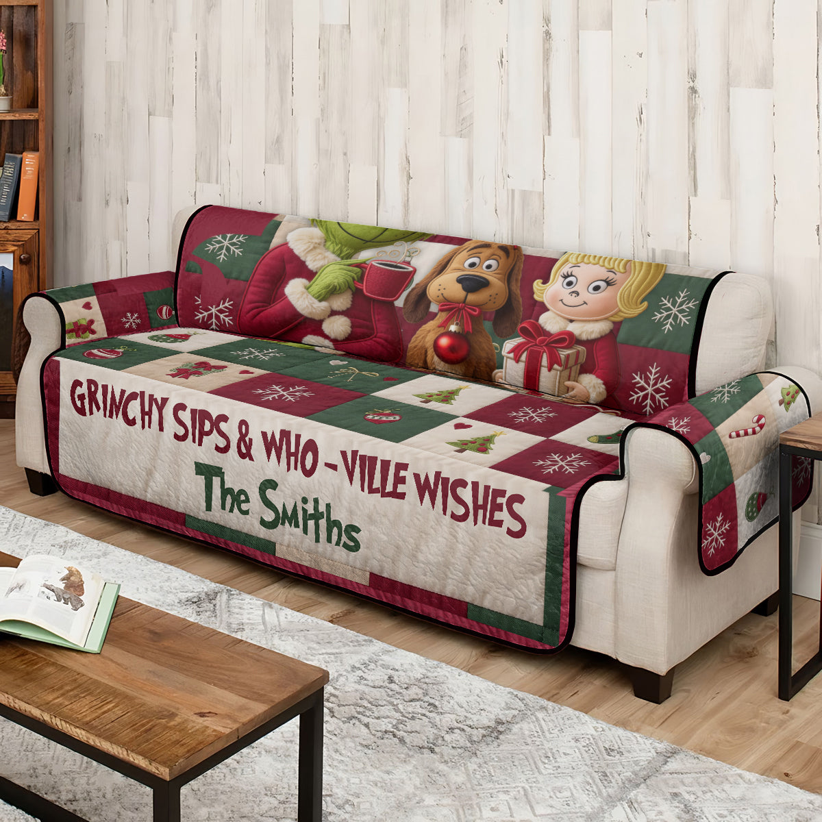 Merry Grinchmas - Personalized Stole Christmas Quilted Sofa/Couch Cover