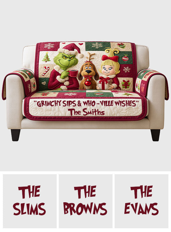 Merry Grinchmas - Personalized Stole Christmas Quilted Sofa/Couch Cover
