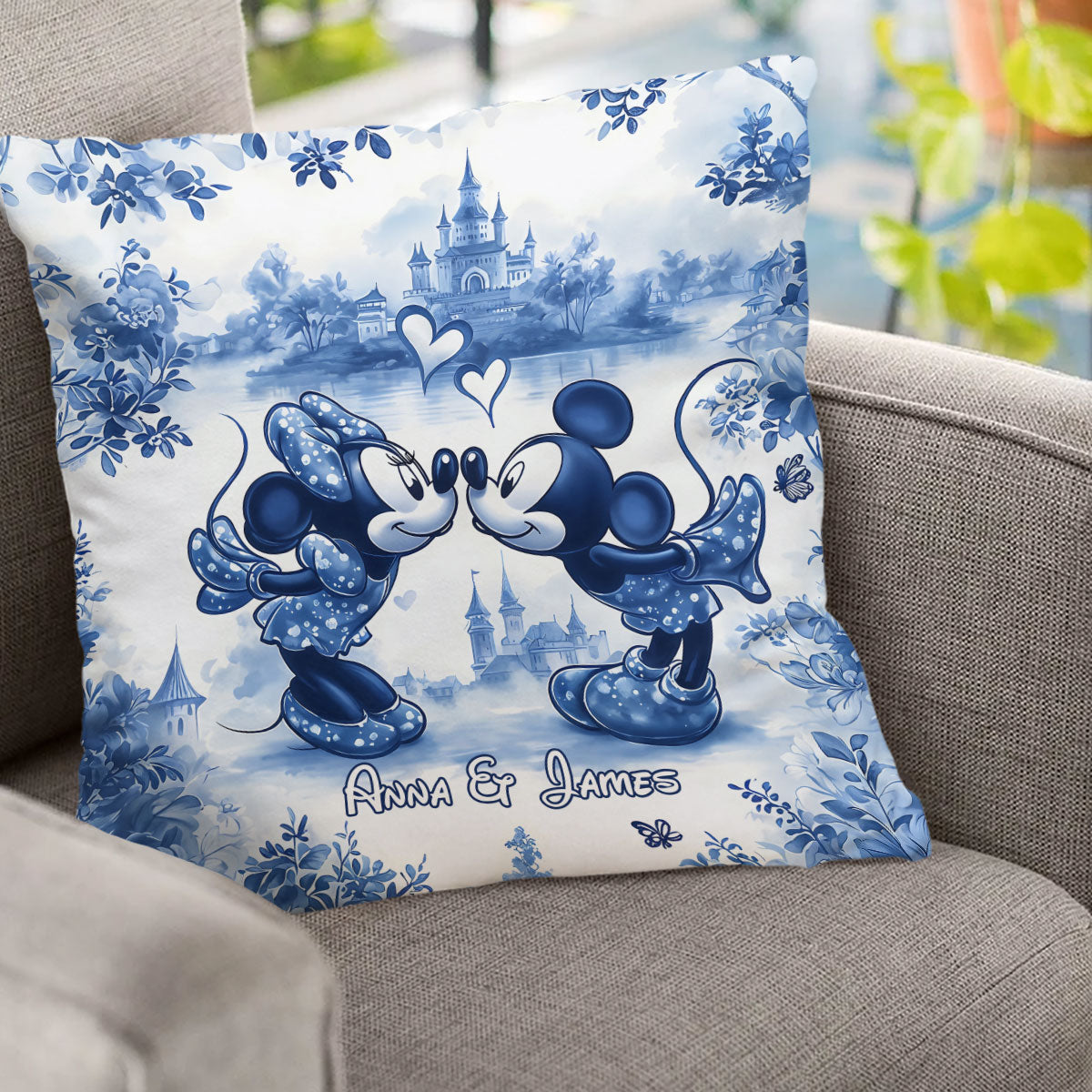 Classic Blue & White Ceramic Mouse Couple - Personalized Mouse Throw Pillow