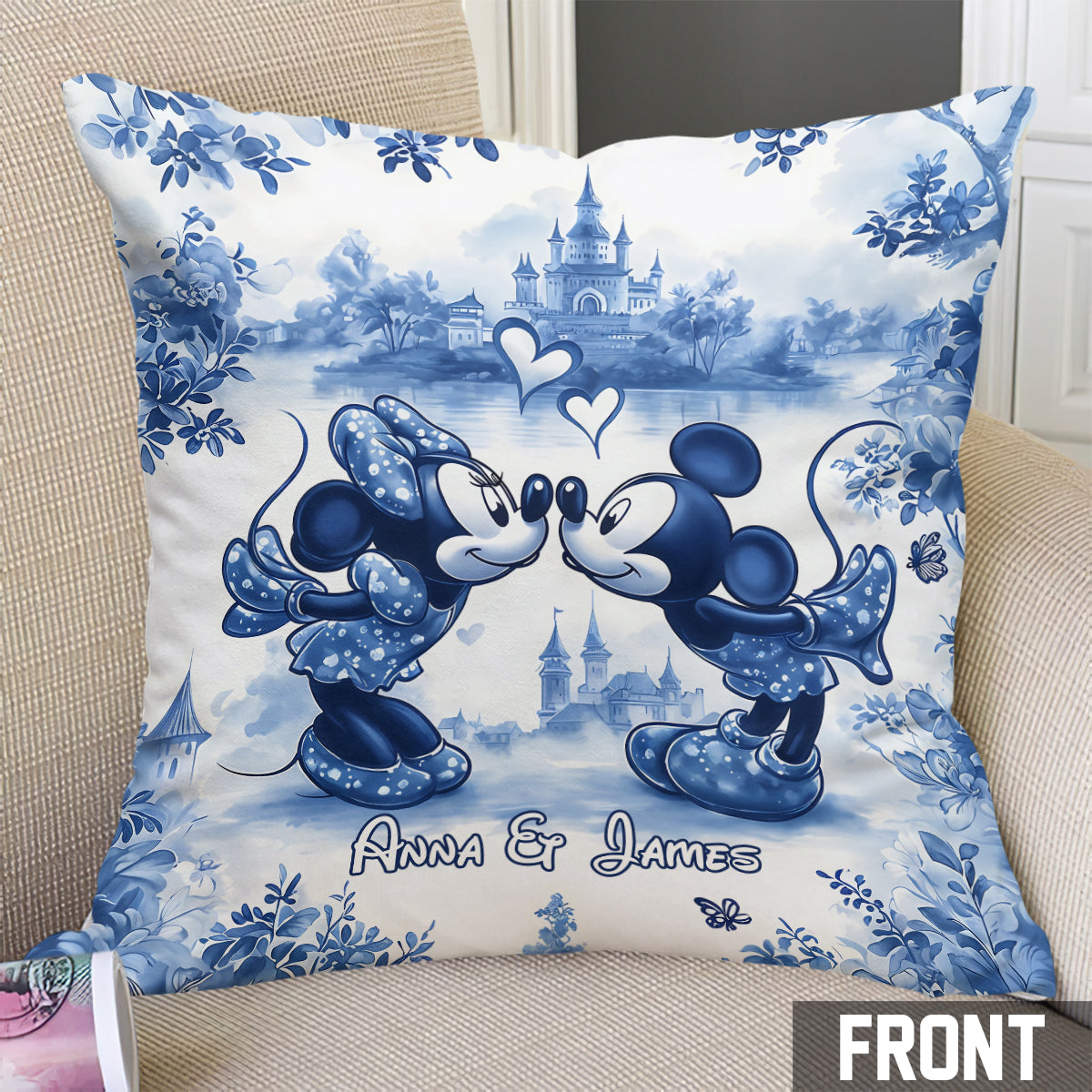 Classic Blue & White Ceramic Mouse Couple - Personalized Mouse Throw Pillow
