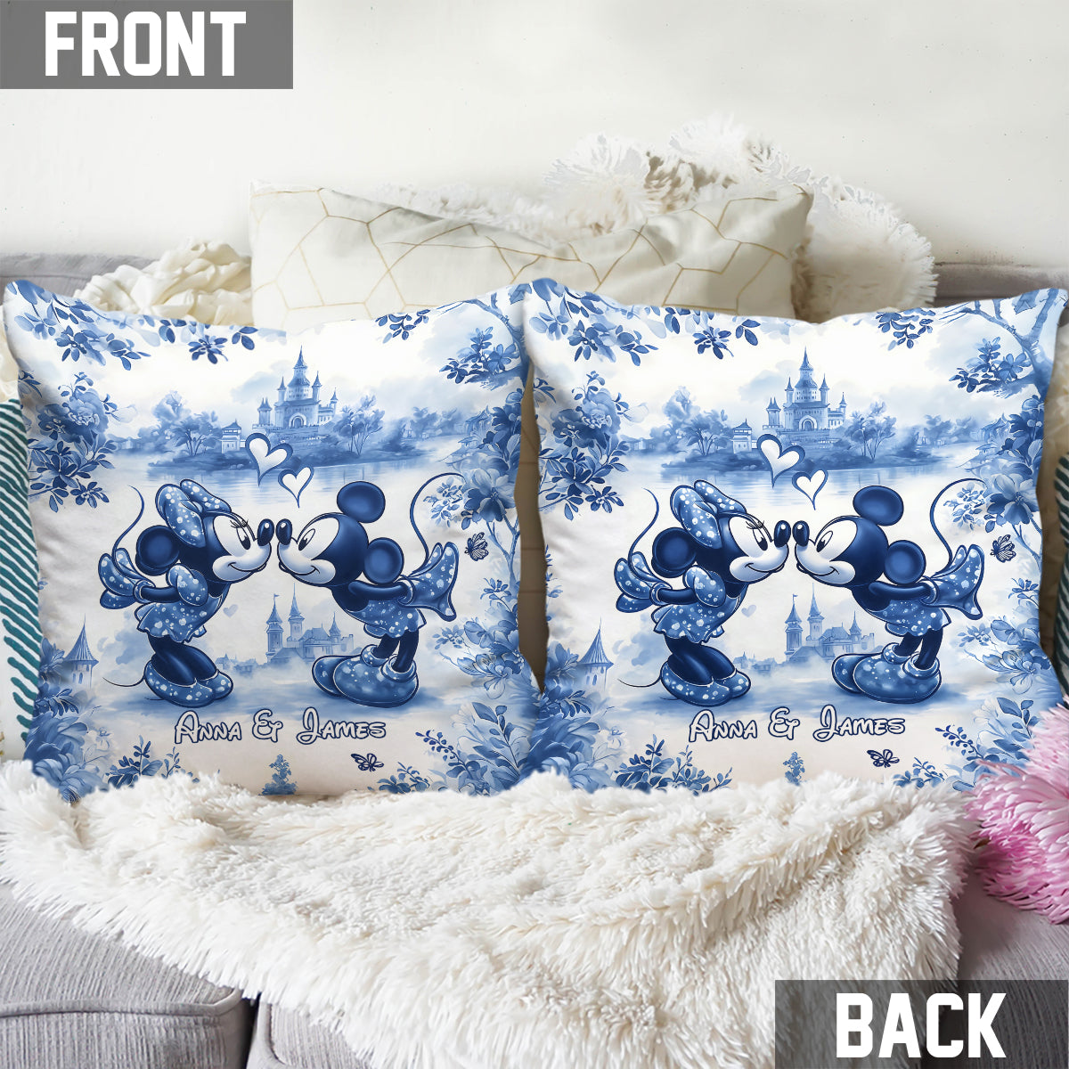 Classic Blue & White Ceramic Mouse Couple - Personalized Mouse Throw Pillow