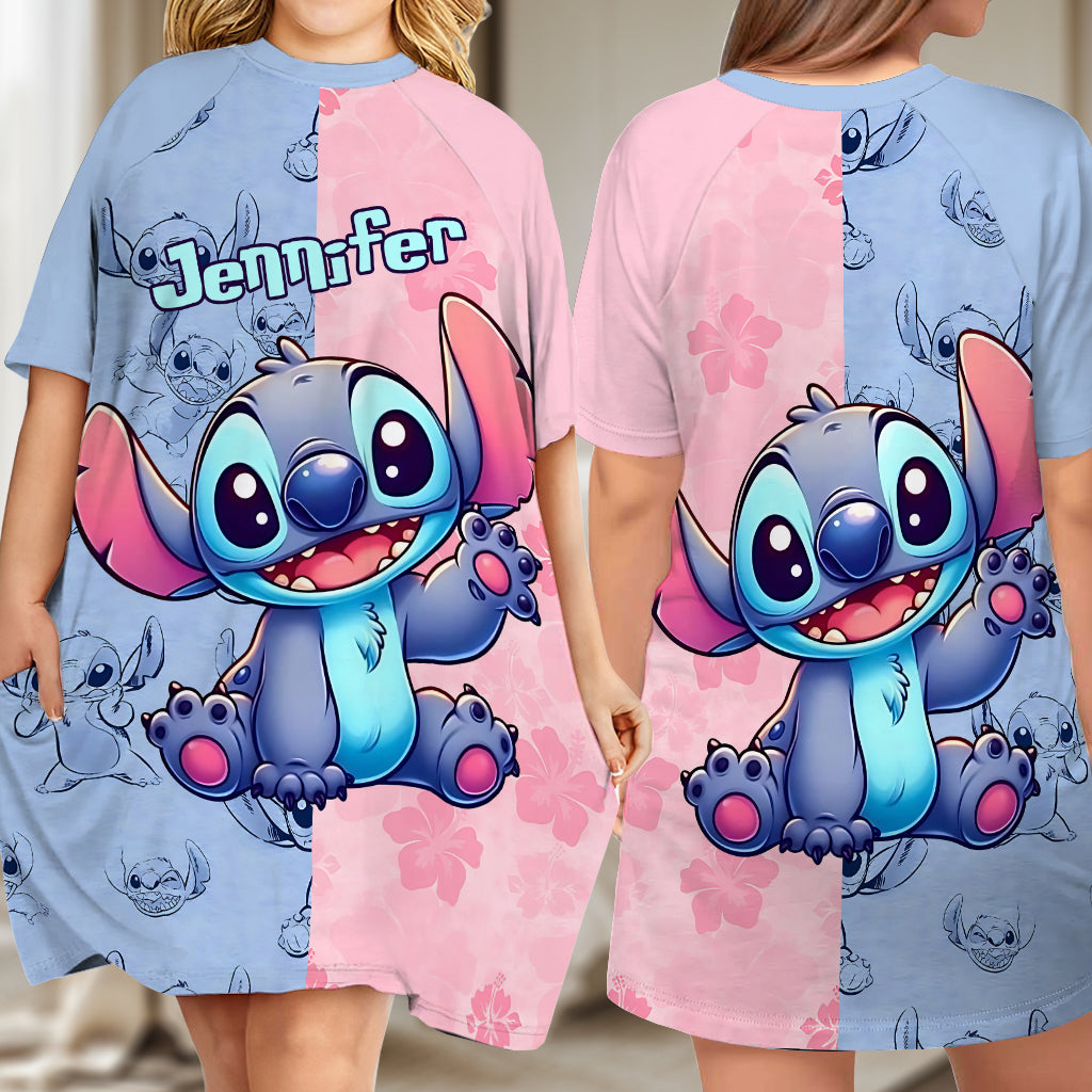 Pink And Blue Ohana - Personalized Ohana Sleep T-shirt Dress
