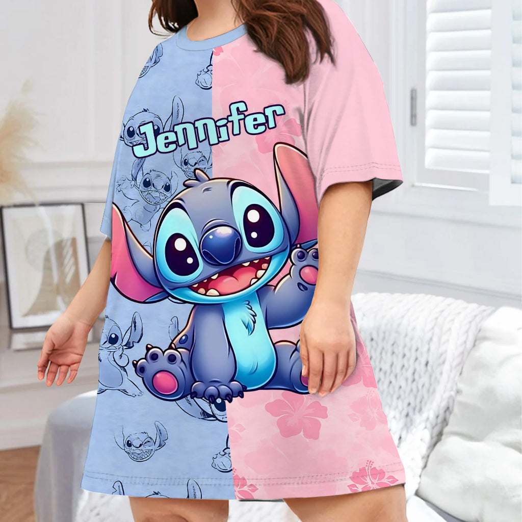 Pink And Blue Ohana - Personalized Ohana Sleep T-shirt Dress