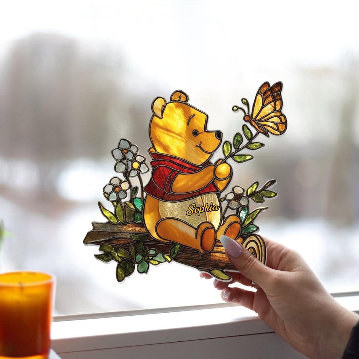 Cute Yellow Bear - Personalized Yellow Bear Window Hanging Suncatcher Ornament