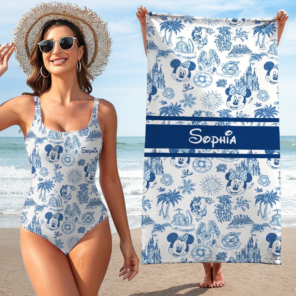 Magical Mouse Ears Pattern - Personalized Mouse Women Swimming Bodysuit & Beach Towel