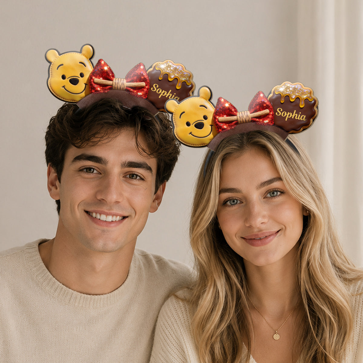 Honey Bear And Friends - Personalized Yellow Bear Shaped Leather Headband