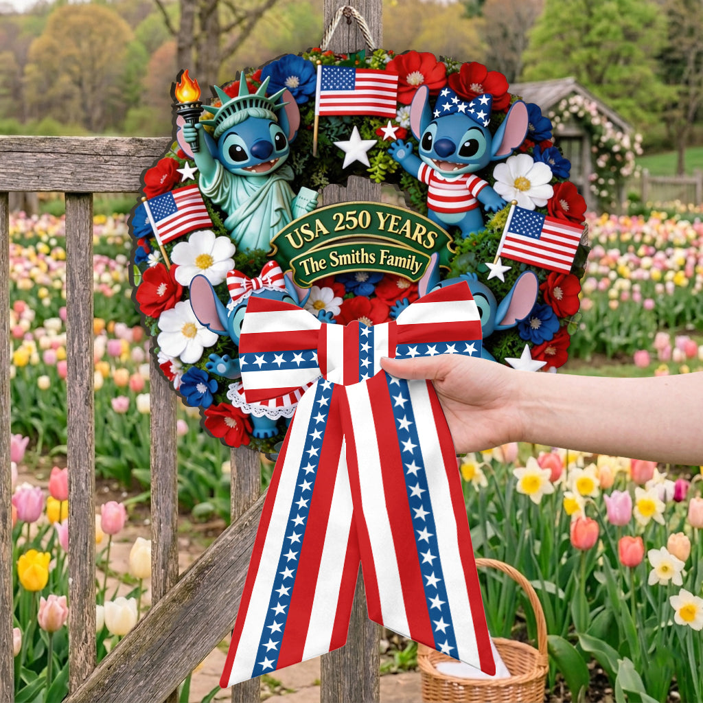 Cartoon Monster, 250th Anniversary - Personalized Ohana Shaped Wood Sign With Sash