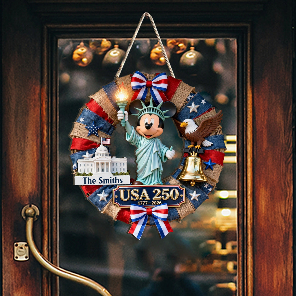 USA Mouse 250th Anniversary Patriotic Wreath - Personalized Mouse Custom Shaped Wood Sign
