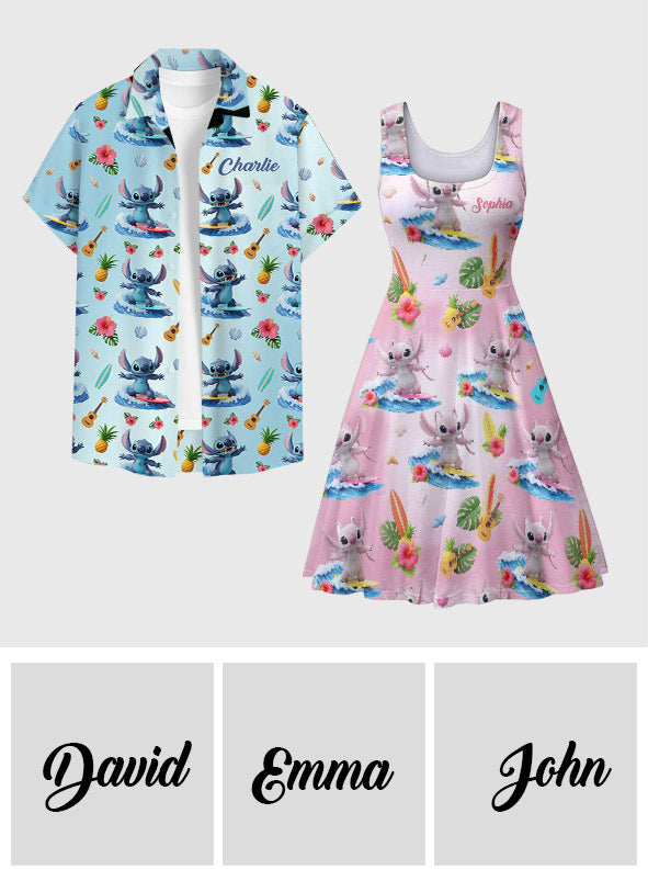 Couple Monster Hawaii Beach Trip - Personalized Ohana Hawaiian Shirt & Sleeveless Dress