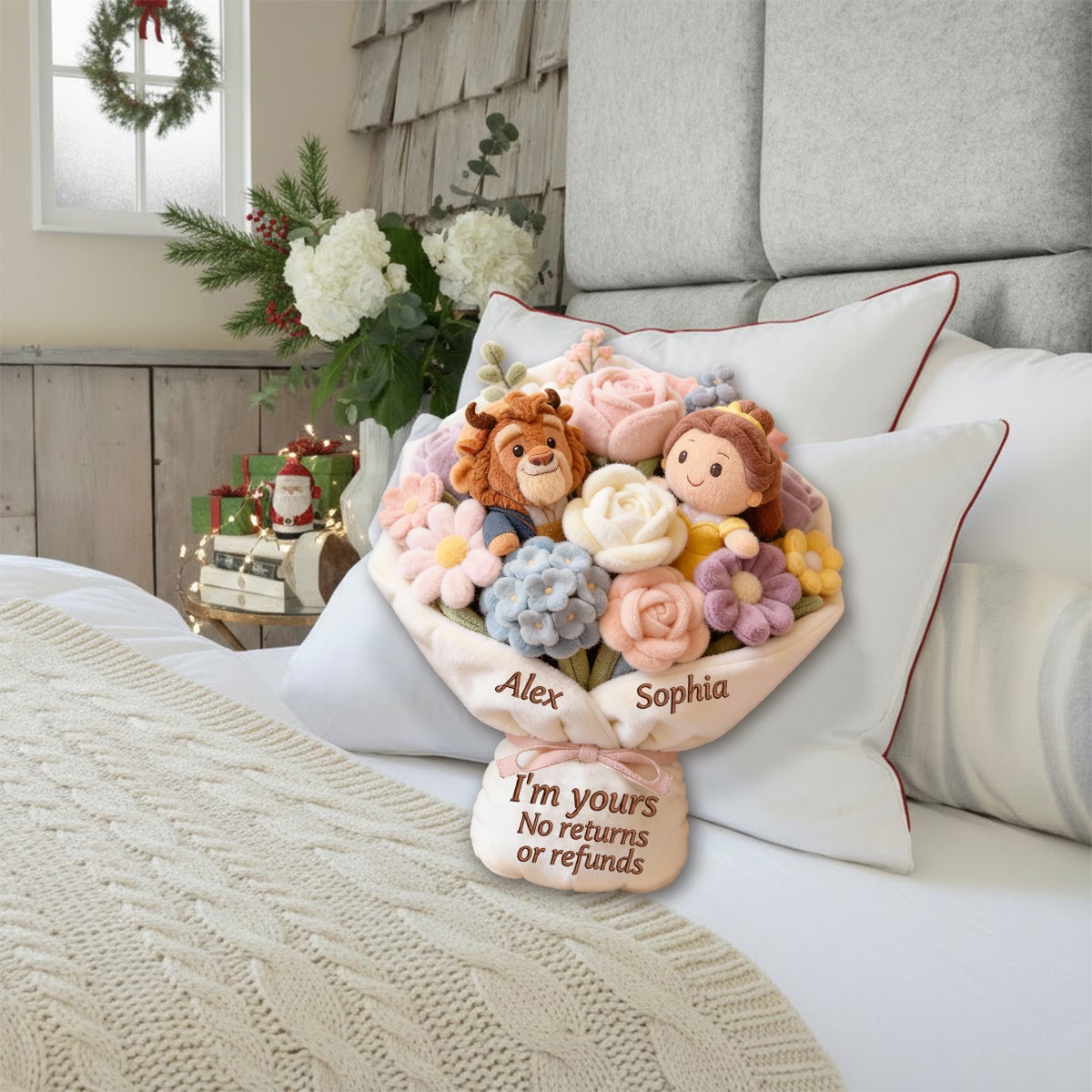I'm Yours No Returns Or Refunds Bouquet - Personalized Beauty And The Beast Faux Fur Shaped Pillow