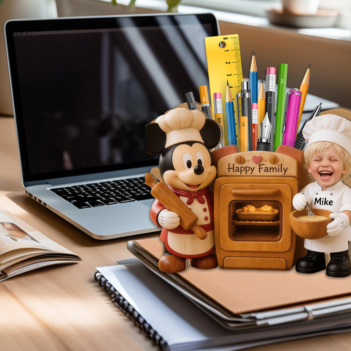 Kitchen Decor, Cartoon Mouse Fan Gift - Personalized Kid Wooden Desk Organizer