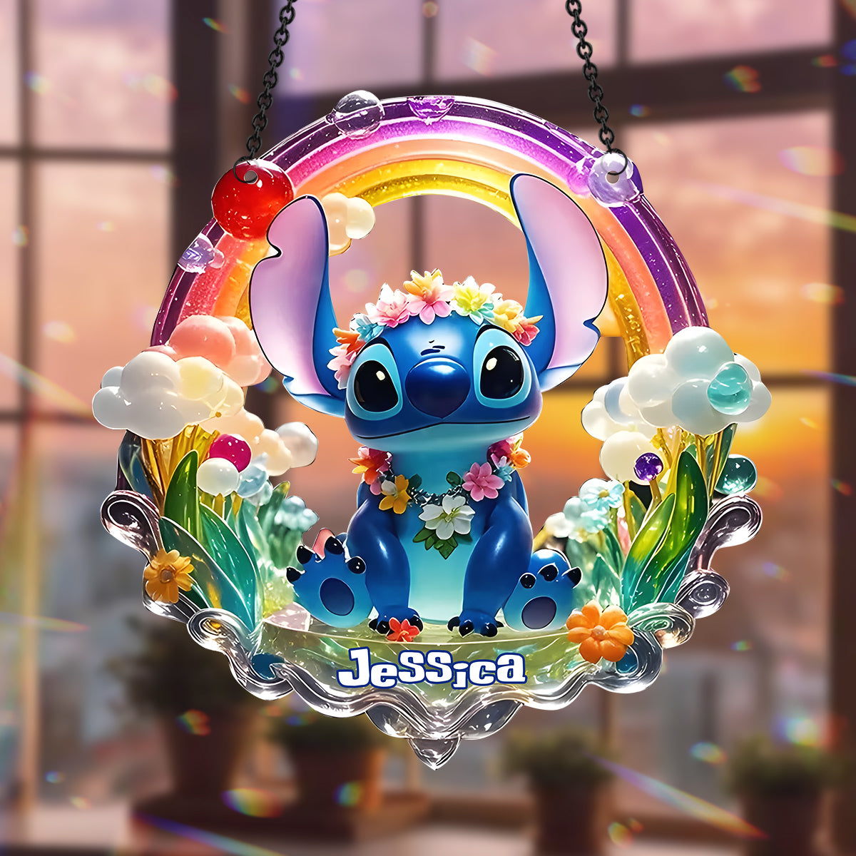 Cute Monster - Personalized Ohana Window Hanging Suncatcher Ornament