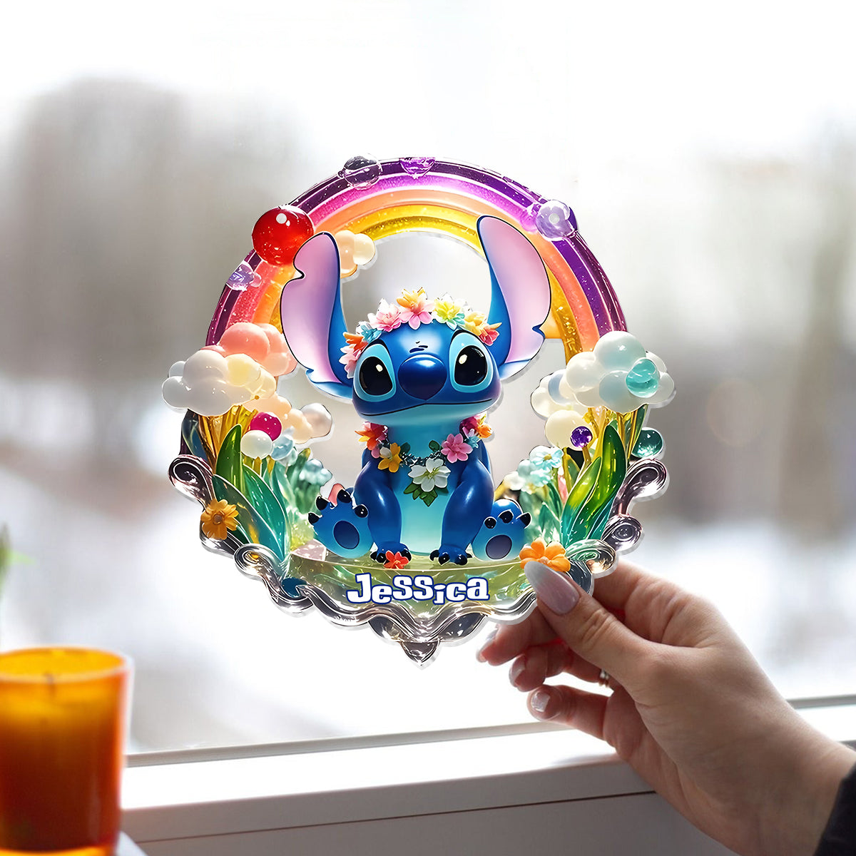 Cute Monster - Personalized Ohana Window Hanging Suncatcher Ornament