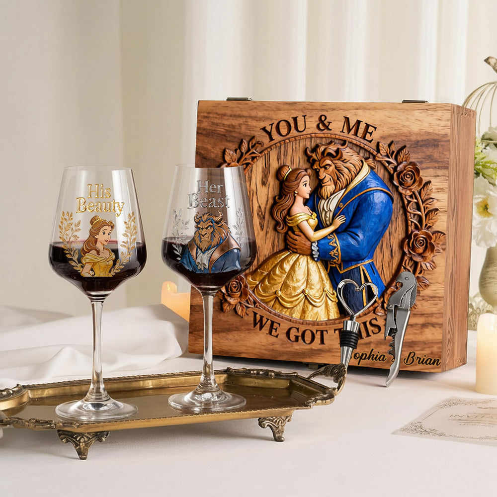 You & Me We Got This - Personalized Beauty And The Beast Wine Glasses Set With Wooden Box