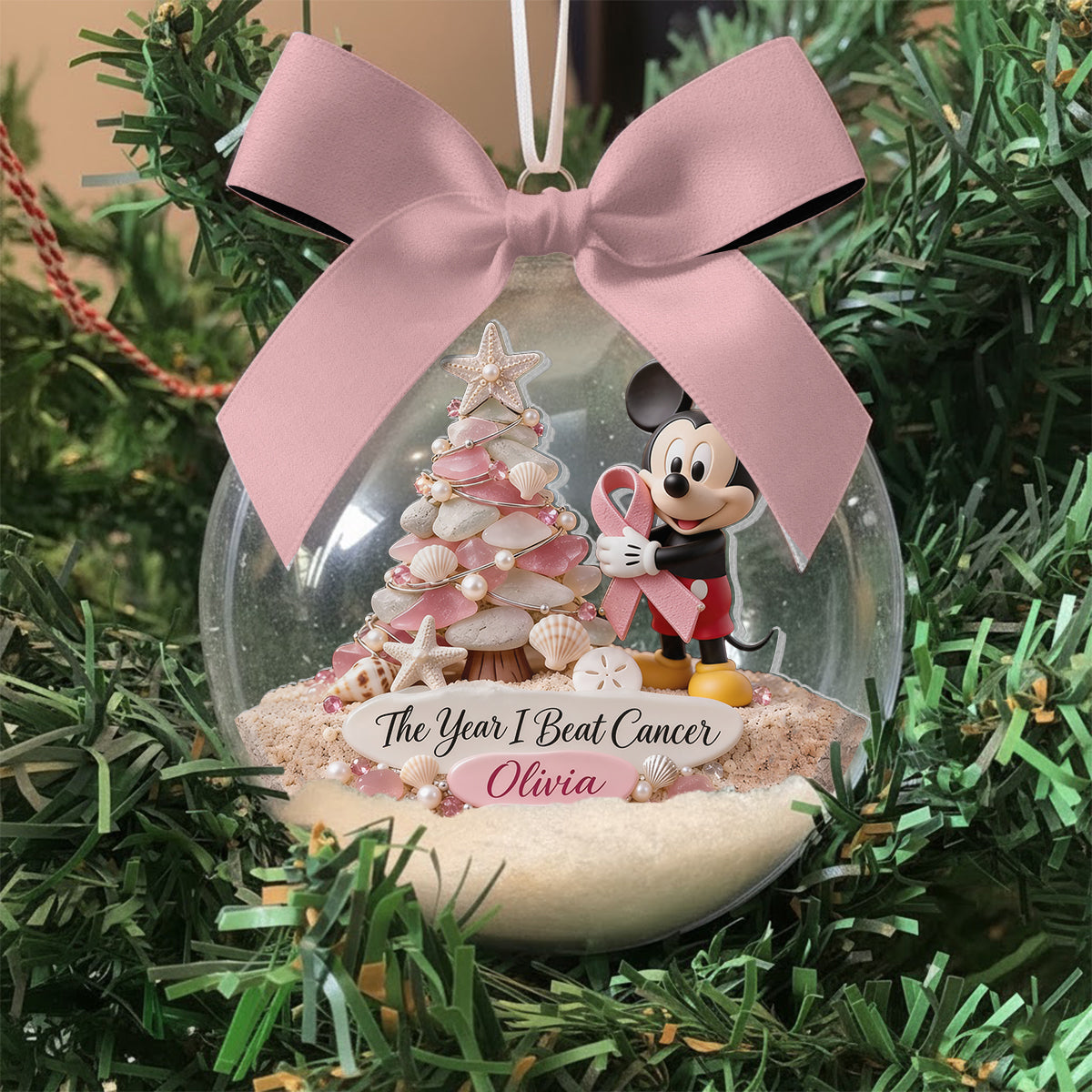 The Year I Beat Cancer - Personalized Breast Cancer Awareness Snow Globe Ornament With Bow