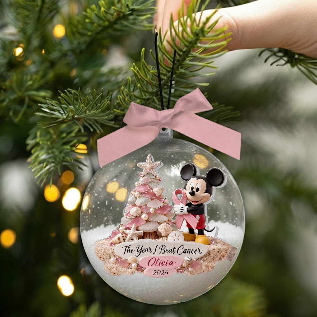 The Year I Beat Cancer - Personalized Breast Cancer Awareness Snow Globe Ornament With Bow