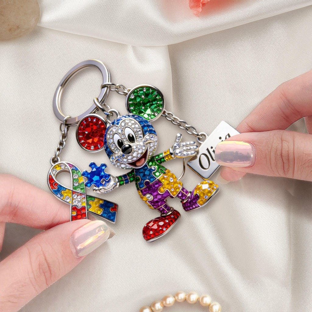 Cute Cartoon Mouse - Personalized Autism Awareness Keychain With Charms