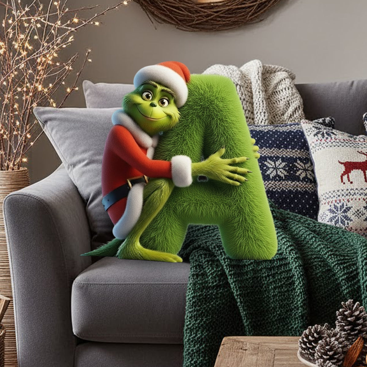 Green Monster Alphabet Christmas Movie - Personalized Stole Christmas Faux Fur Shaped Pillow
