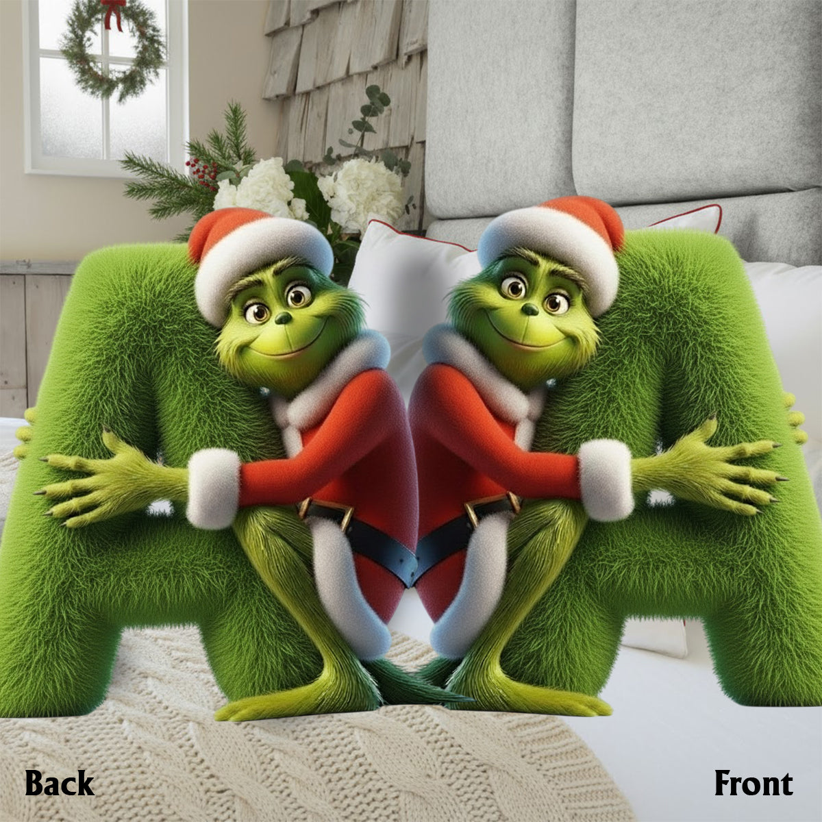 Green Monster Alphabet Christmas Movie - Personalized Stole Christmas Faux Fur Shaped Pillow