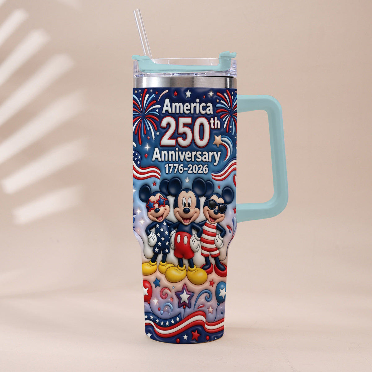 Cute Cartoon Mouse USA 250th Anniversary - Personalized Mouse Tumbler With Handle