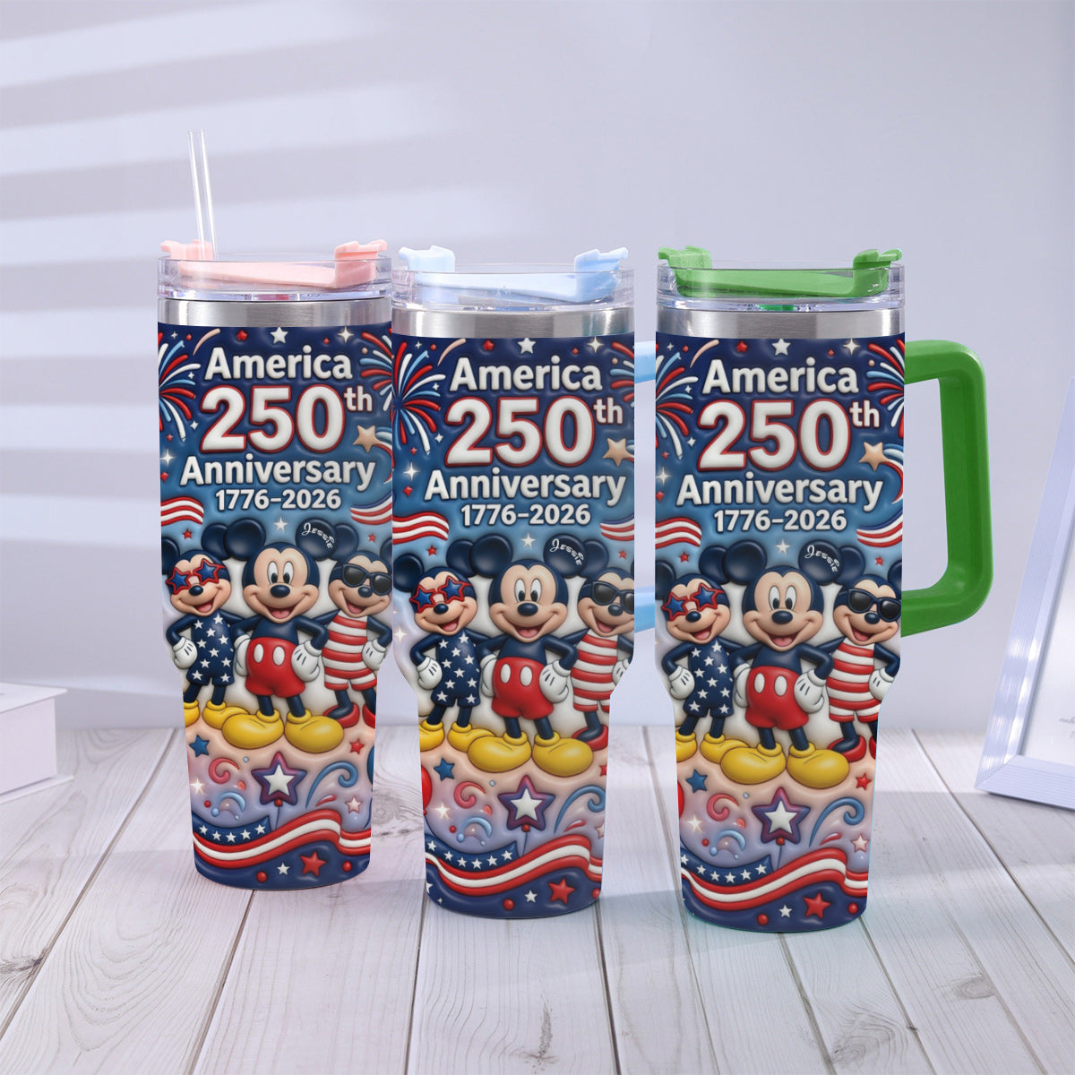 Cute Cartoon Mouse USA 250th Anniversary - Personalized Mouse Tumbler With Handle
