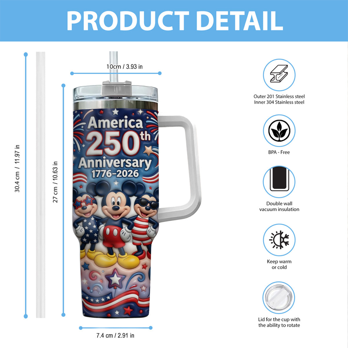 Cute Cartoon Mouse USA 250th Anniversary - Personalized Mouse Tumbler With Handle