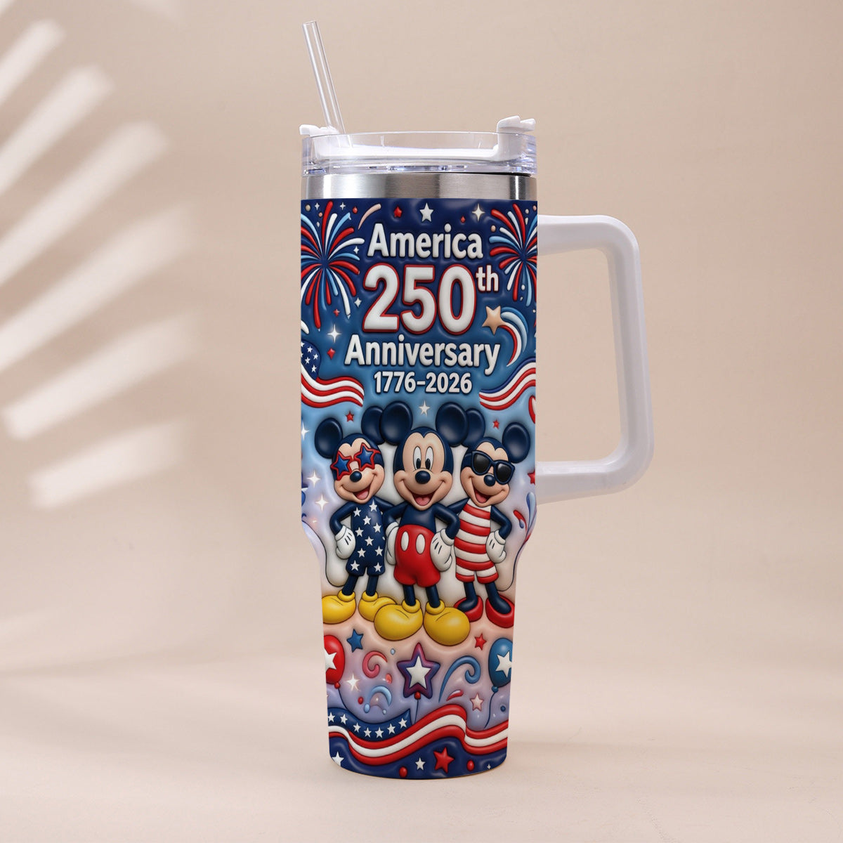 Cute Cartoon Mouse USA 250th Anniversary - Personalized Mouse Tumbler With Handle