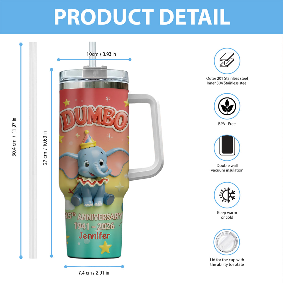 Flying Elephant 85th Anniversary - Personalized Baby Elephant Tumbler With Handle