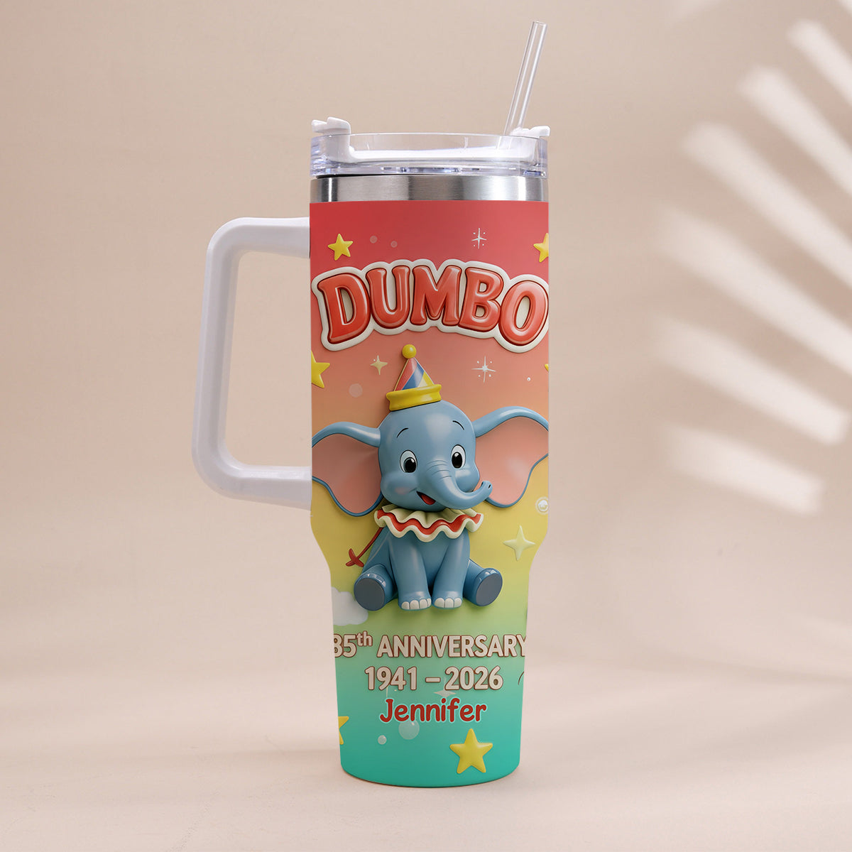 Flying Elephant 85th Anniversary - Personalized Baby Elephant Tumbler With Handle