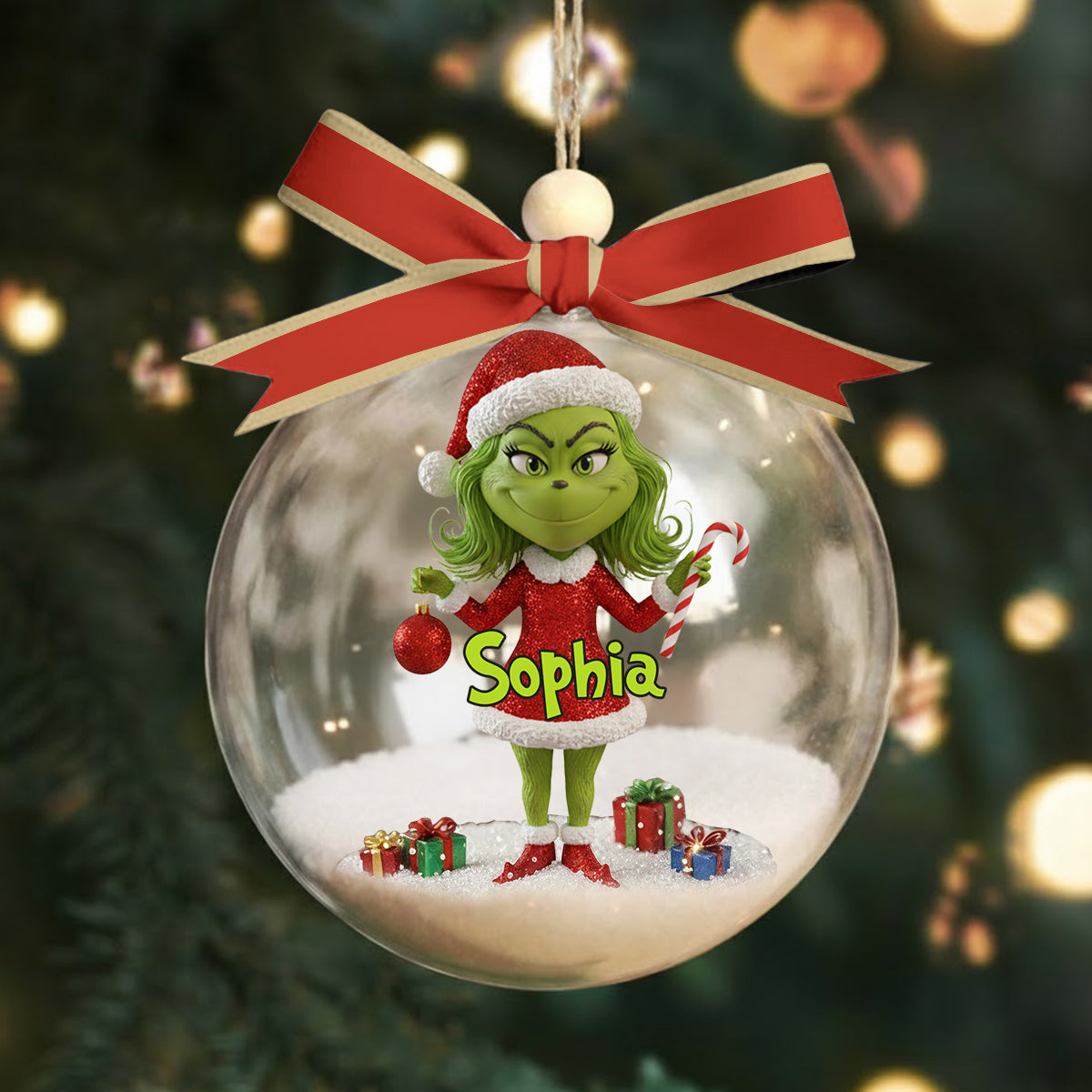 Merry Grinchmas - Personalized Stole Christmas Snow Globe Ornament With Bow