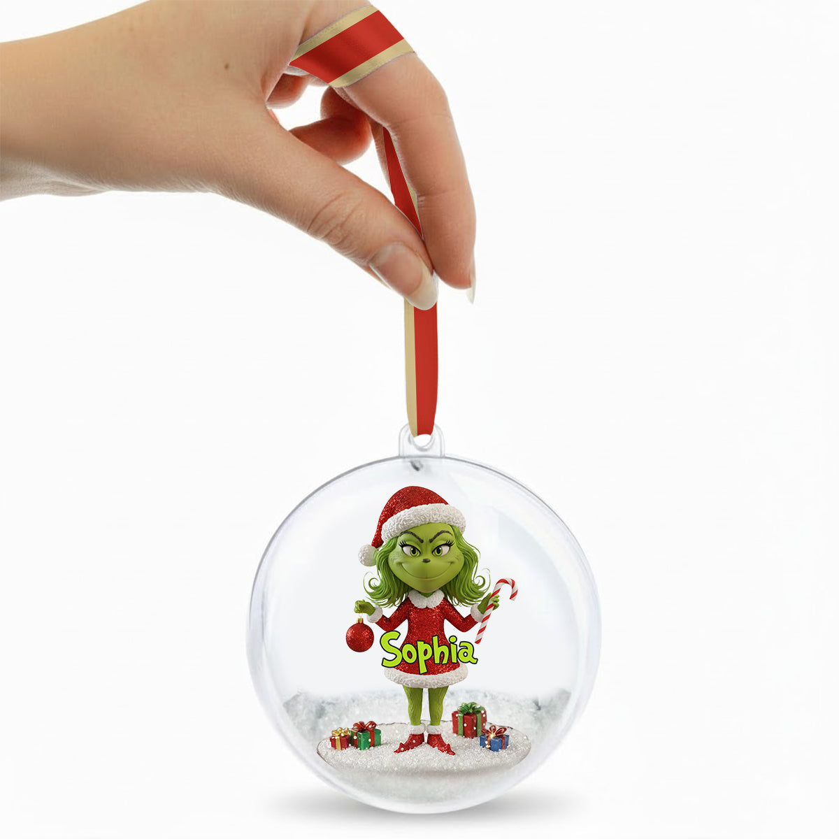 Merry Grinchmas - Personalized Stole Christmas Snow Globe Ornament With Bow