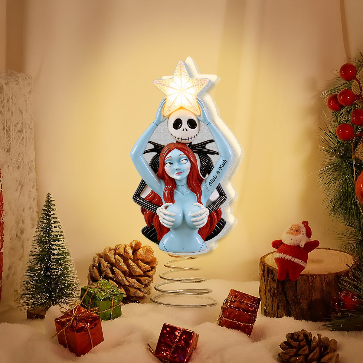 Naughty Christmas Skeleton Couple - Personalized Nightmare LED Light Tree Topper