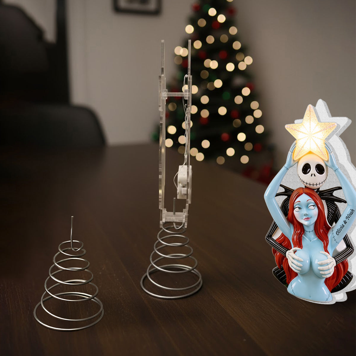 Naughty Christmas Skeleton Couple - Personalized Nightmare LED Light Tree Topper