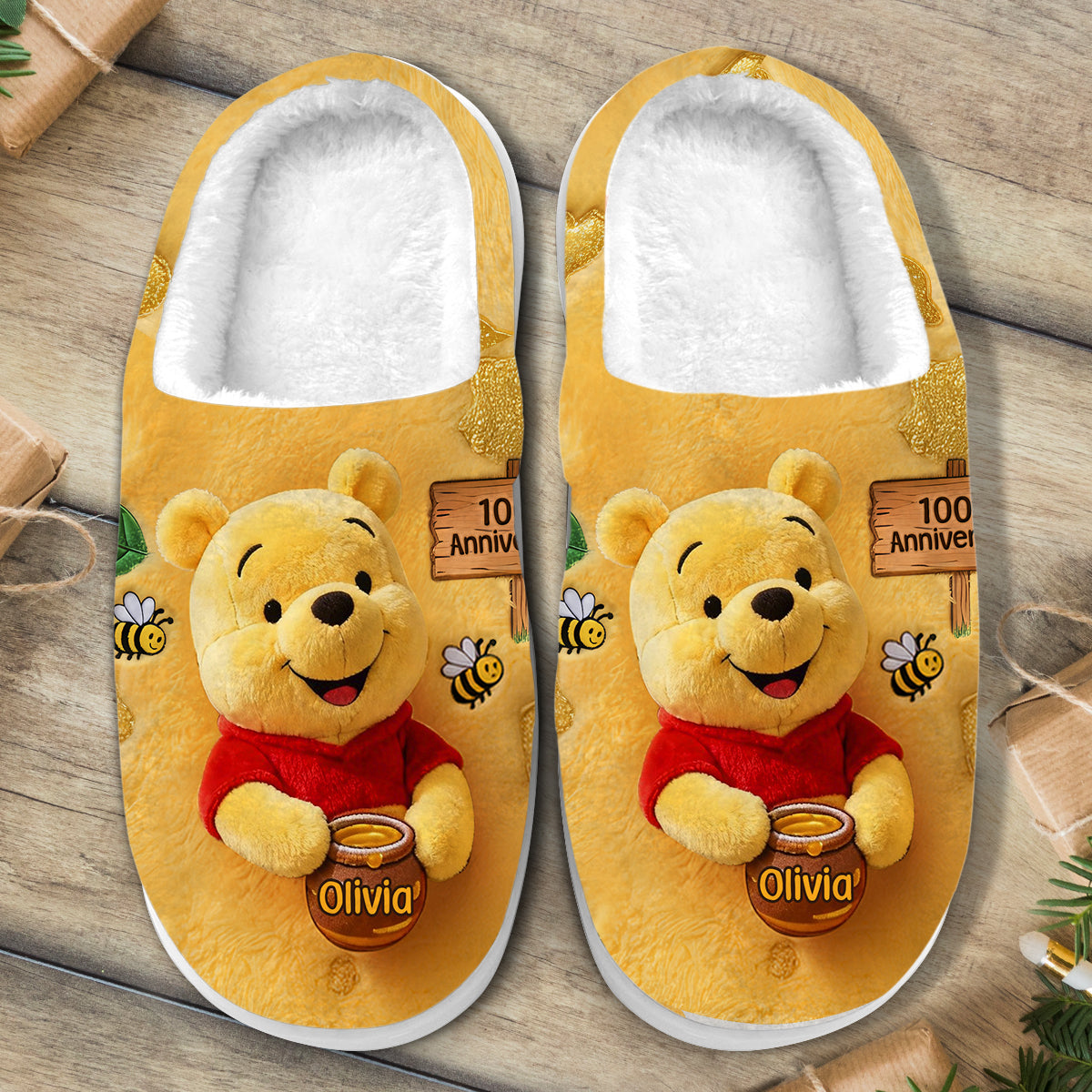 100th Anniversary - Personalized Yellow Bear Slippers