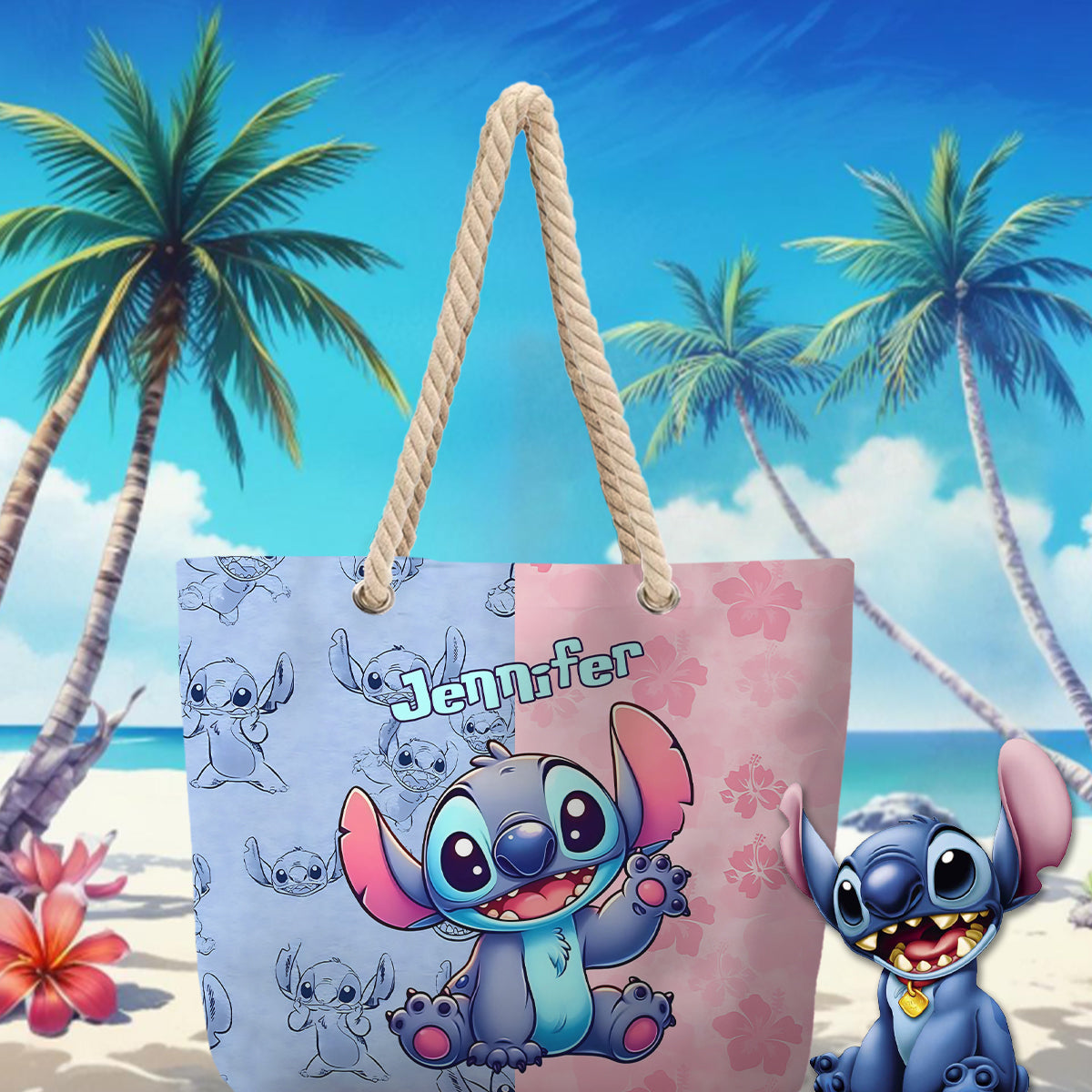 Pink And Blue Ohana - Personalized Ohana Beach Bag