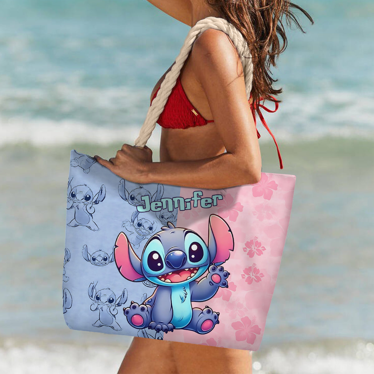 Pink And Blue Ohana - Personalized Ohana Beach Bag
